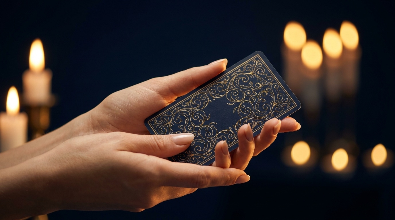 Zwei Hände halten eine verdeckte Karte mit goldenem Ornament ins Kerzenlicht